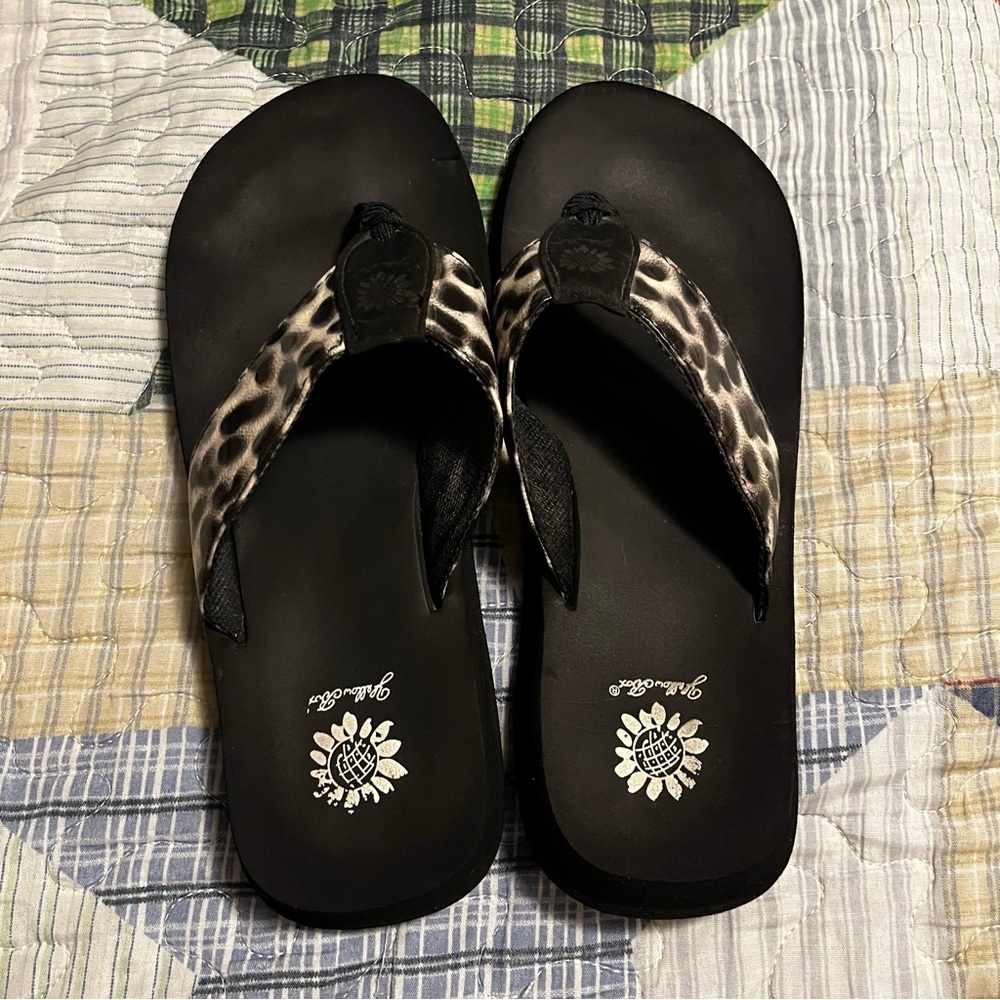 Yellow Box Black and White Leopard Flip Flops